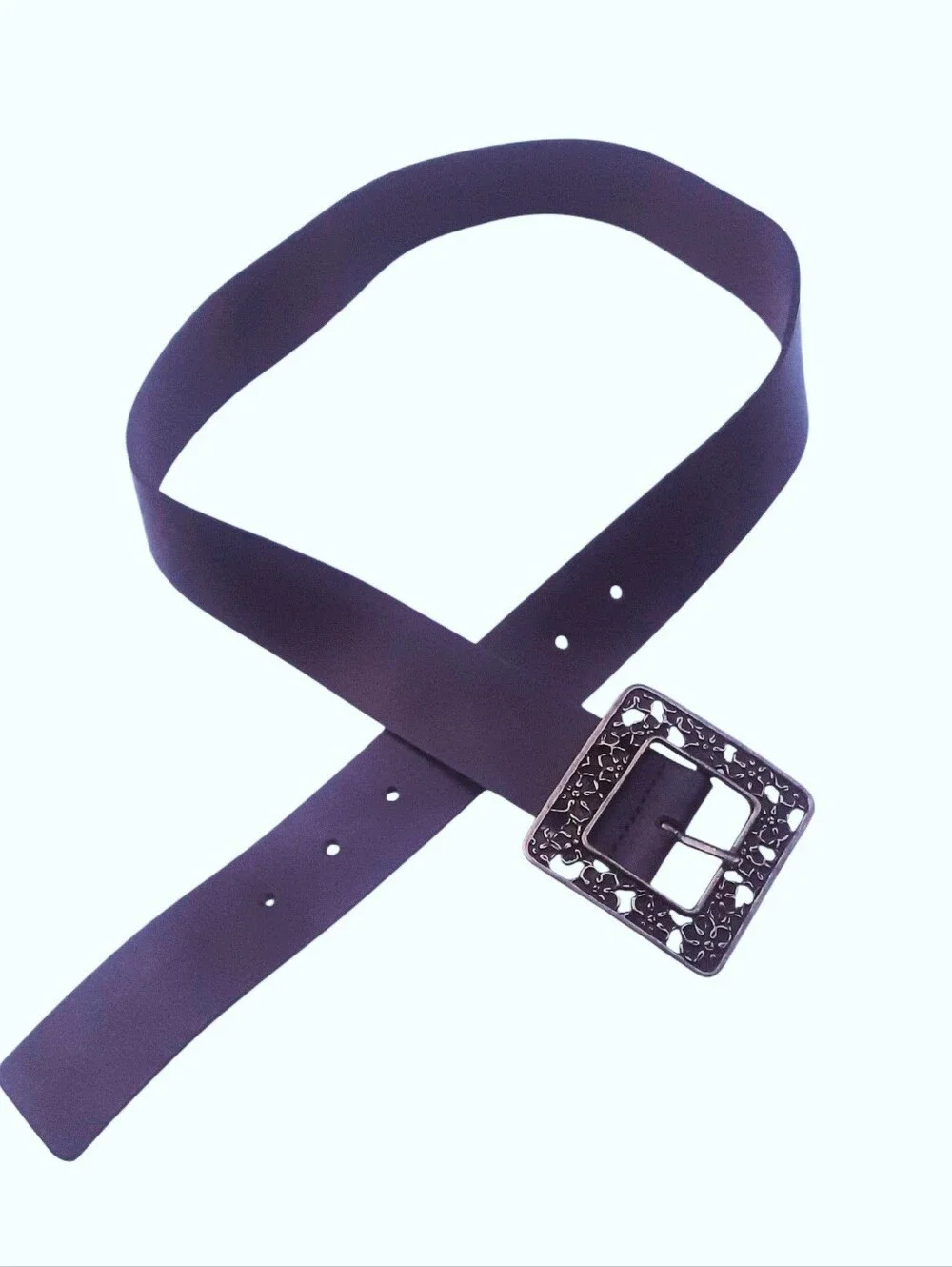 Vtg MAURICES Brown Wide Leather Belt w/Antique Brass Square Filigree Buckle Sz L